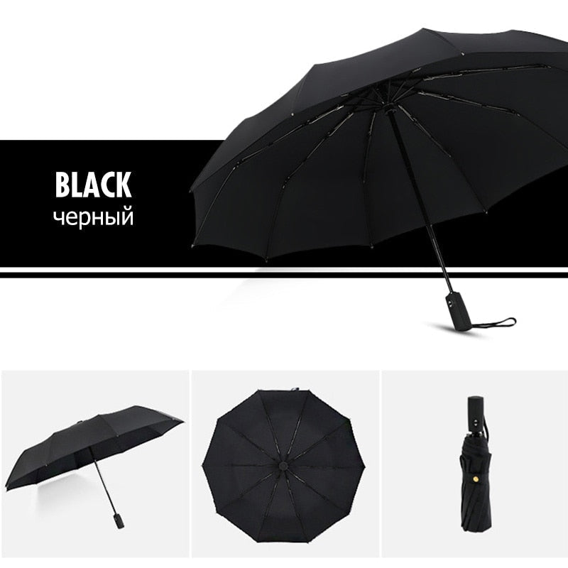 Black folding umbrella shown open and closed