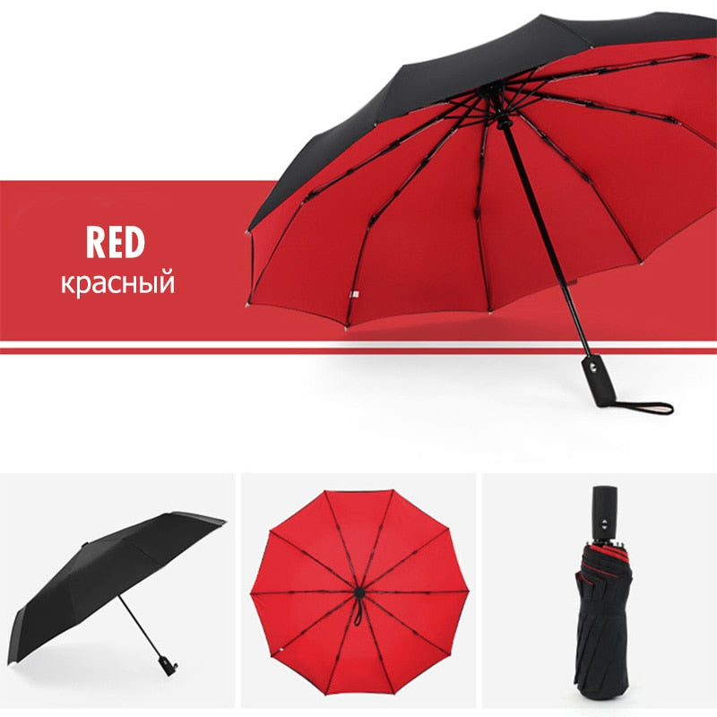 Red-interior umbrella shown open with folded views