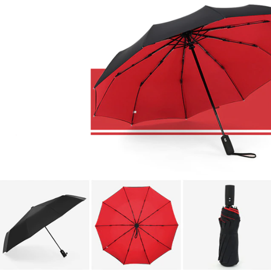 Red-interior folding umbrella with open and closed views