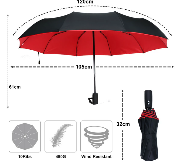 Folding umbrella specifications showing ten ribs and dimensions