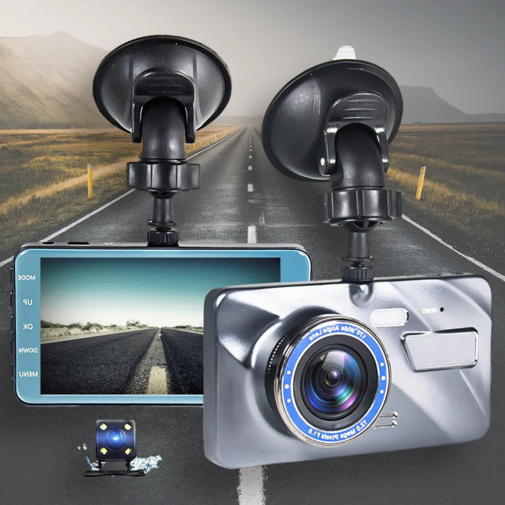 Front and rear dash camera components shown with suction mounts