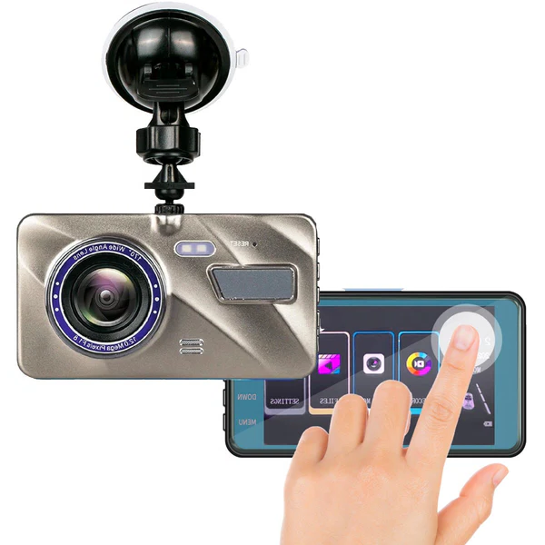 Dash camera with a suction mount and a hand touching the screen