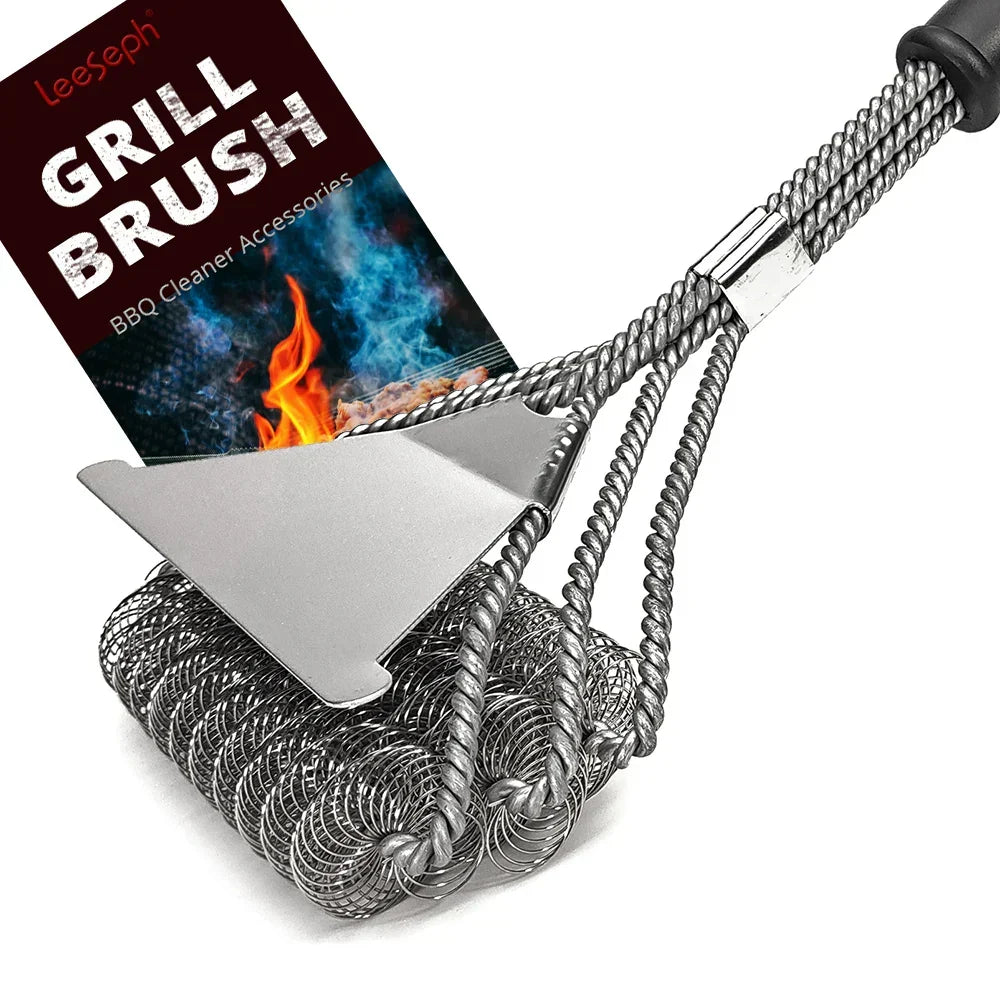Stainless steel coil grill brush with a wide scraper and packaging