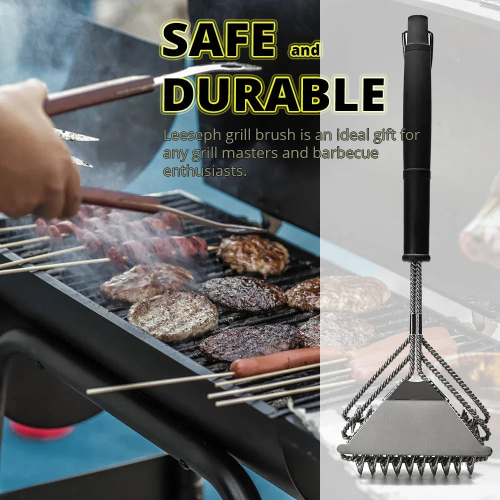 Grill brush used on a barbecue grate with handle and head details