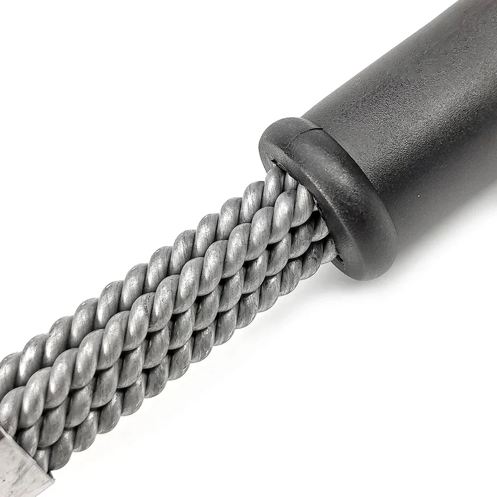 Twisted metal neck joining the grill brush head to the black handle