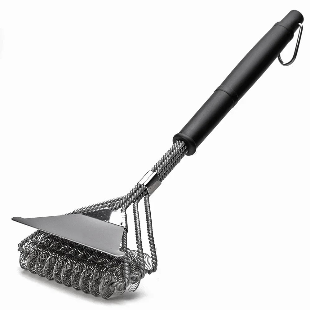 Bristle-free grill brush with a steel coil head, scraper, and black handle