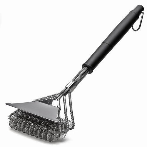 Bristle-free grill brush with a steel coil head, scraper, and black handle