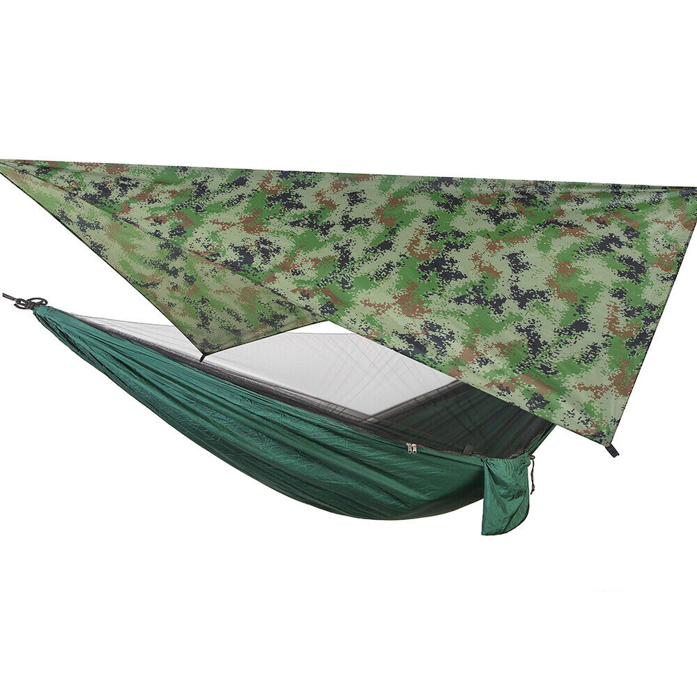 Green camping hammock and camouflage rain fly shown together