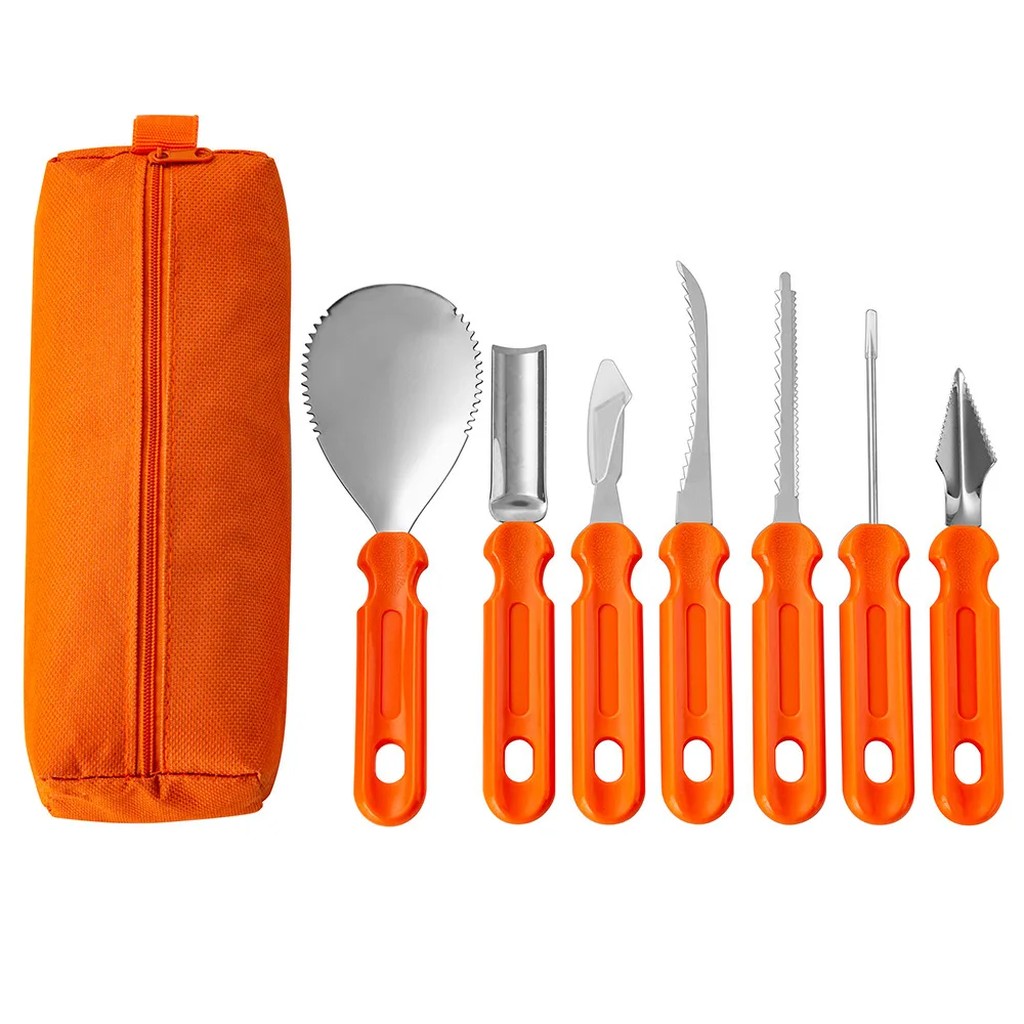Pumpkin Carving Kit 7 Piece Stainless Steel Pumpkin Carving Tools with Serrated Scoop, Saws, Gouges & Zippered Storage Bag for Halloween