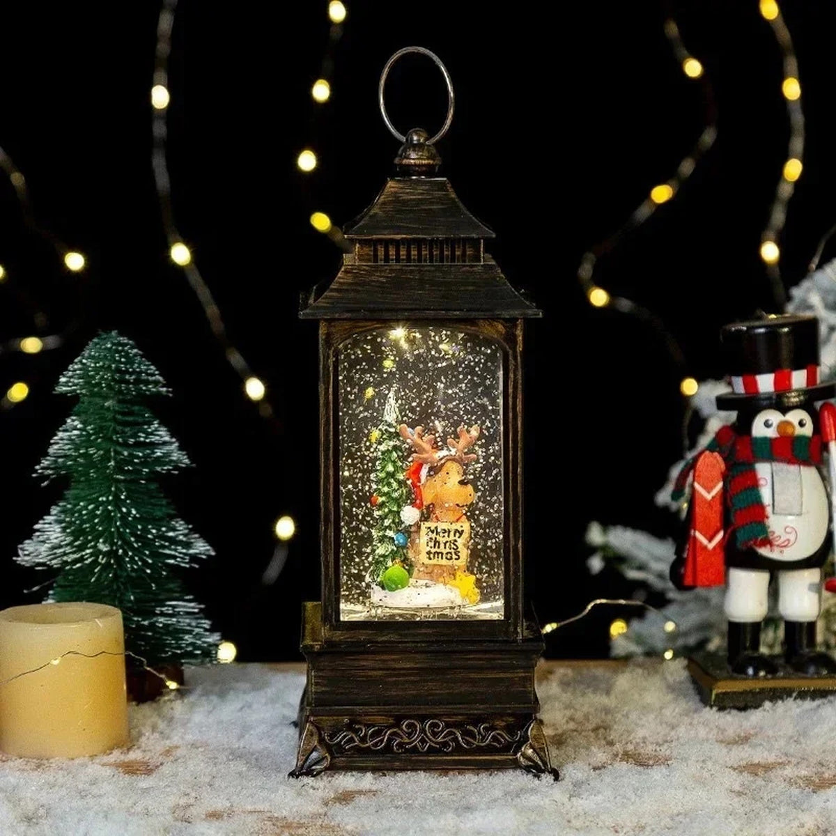 Christmas Lantern Snow Globe - Lighted Snow Globe Lantern with Swirling Glitter, USB or Battery Operated, Santa or Reindeer
