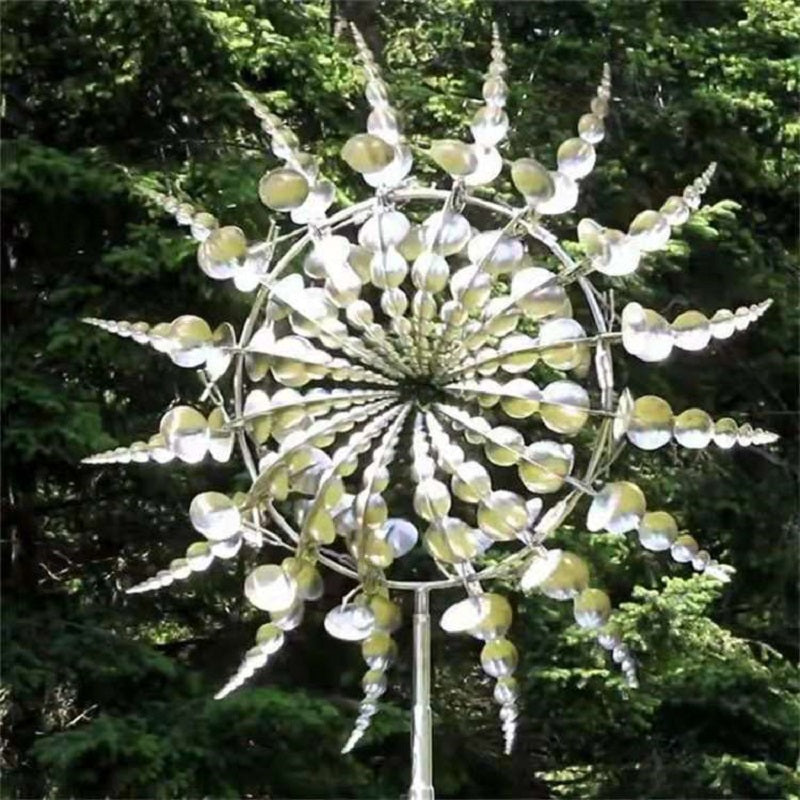 Front view of reflective curved wind-spinner blades